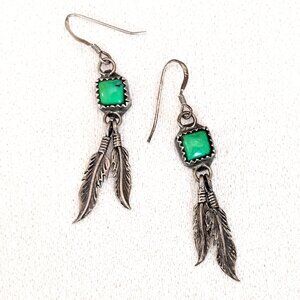 Vintage Navajo Sterling Silver & Gaspeite Feather Earrings